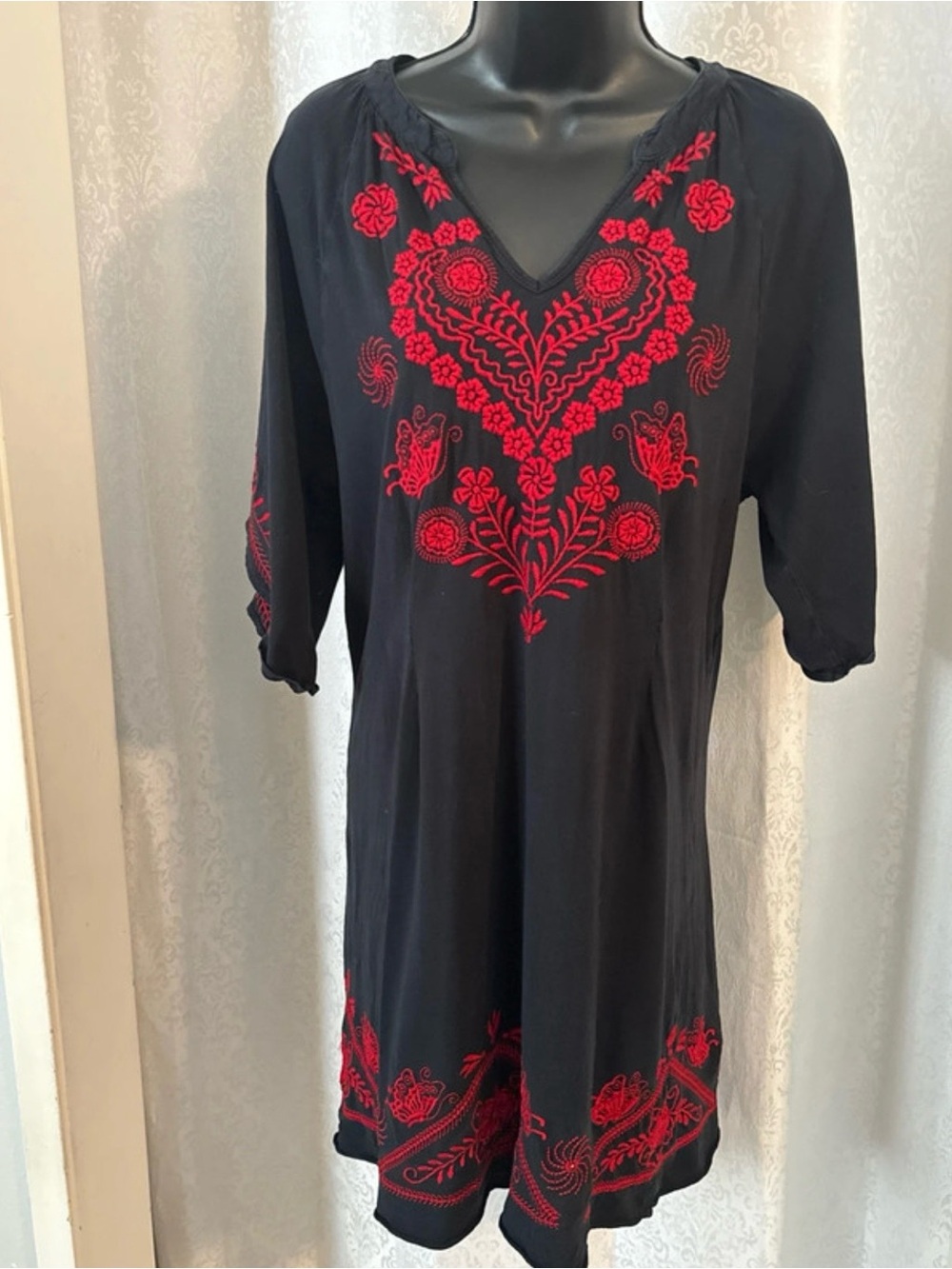 JOHNNY WAS Black Cotton Dress with Red Embroidery - Sz: S